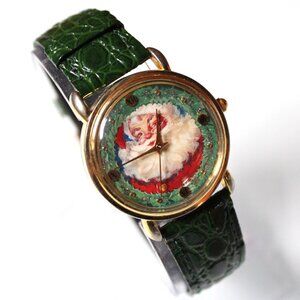 Vintage Christmas Santa Claus Watch Gold Tone Green Band Holiday Novelty Gift